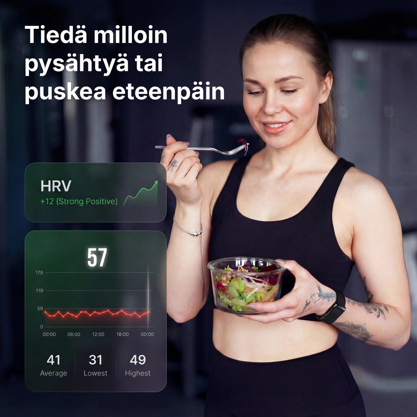 Nainen käyttää ranneketta ja syö salaattia, kuvassa näkyy kahdentoista pisteen parannus HRV-arvossa.