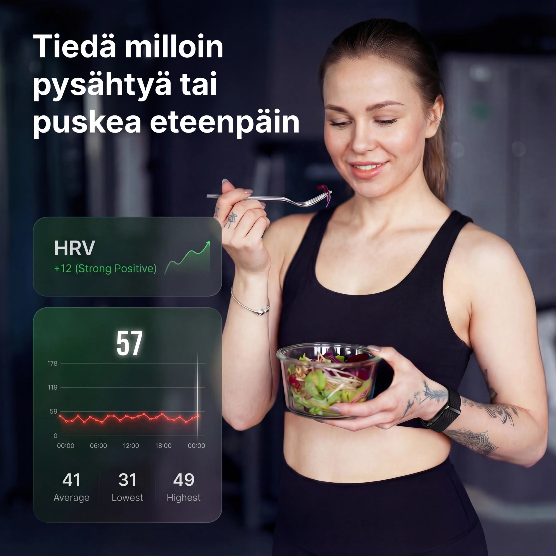 Nainen käyttää ranneketta ja syö salaattia, kuvassa näkyy kahdentoista pisteen parannus HRV-arvossa.