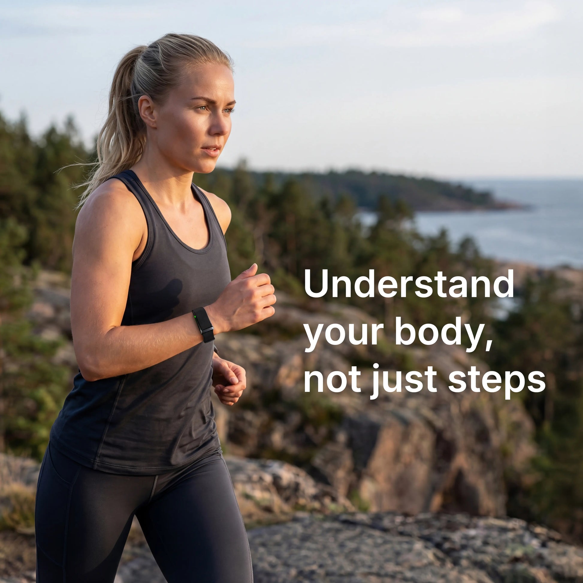 Woman running outdoors with a scenic background and motivational text.