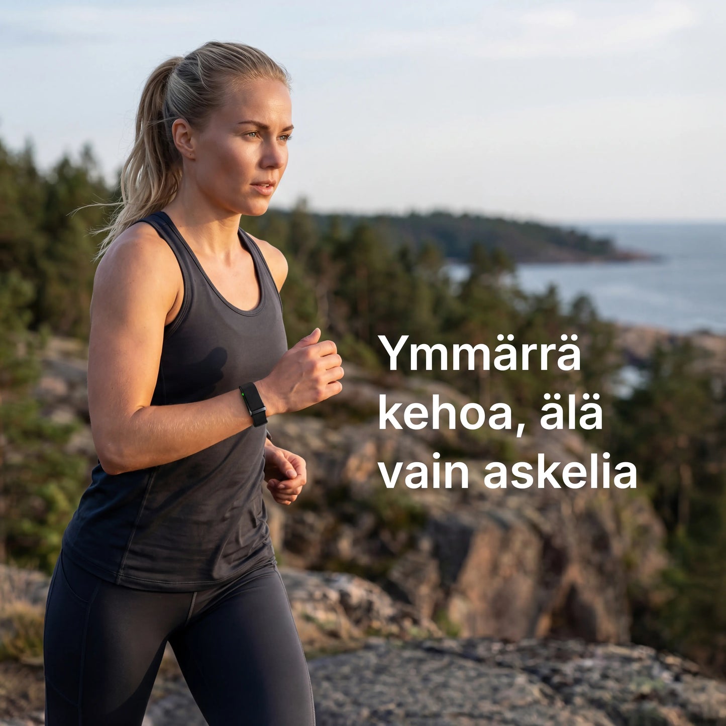 Ulkona juokseva nainen kallioisessa luontomaisemassa, kuvassa teksti “Ymmärrä kehoa, älä vain askelia”.