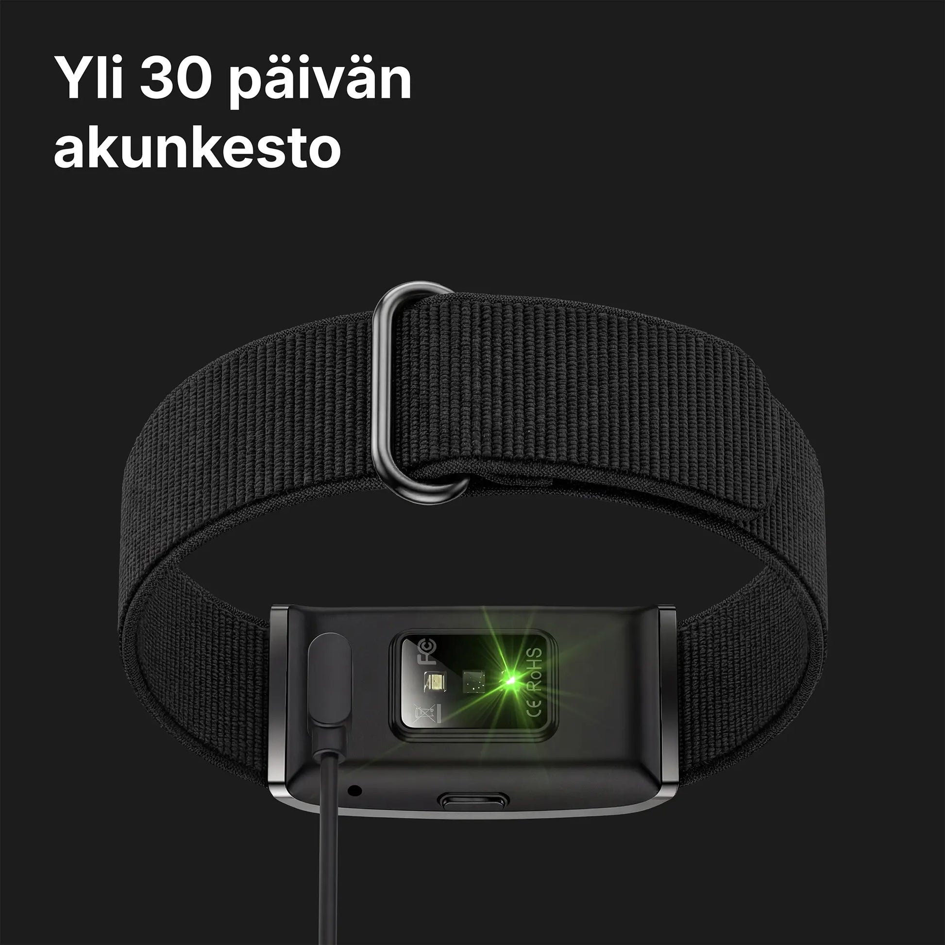 HLTH Band mustalla taustalla, kuvassa maininta yli 30 päivän akunkesto.