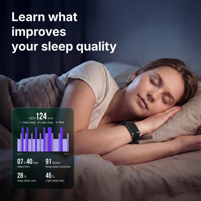 Woman sleeping with a smartwatch displaying sleep quality data on a dark background.
