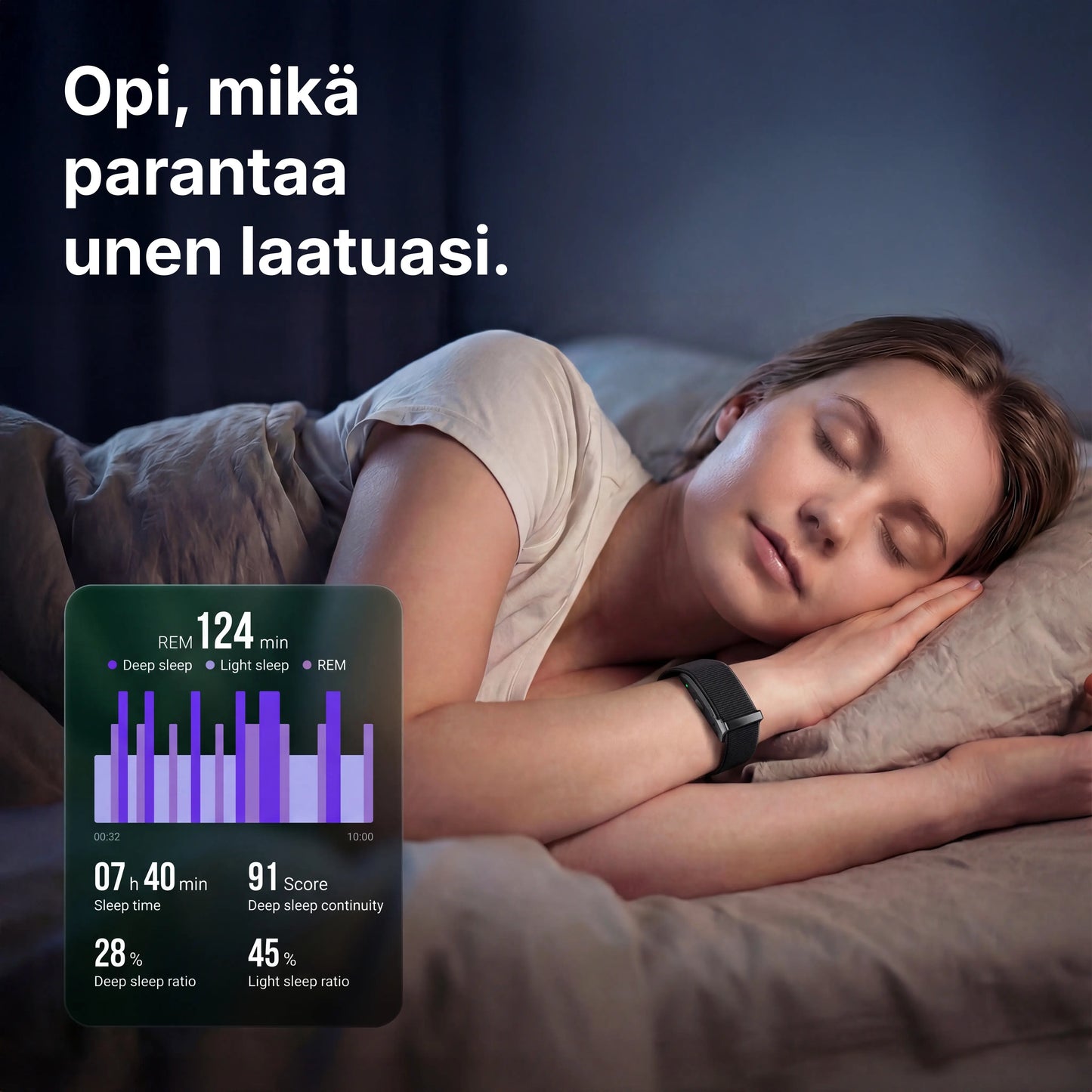 Nainen nukkumassa älykello ranteessa, näytöllä unenlaadun tiedot tummalla taustalla.