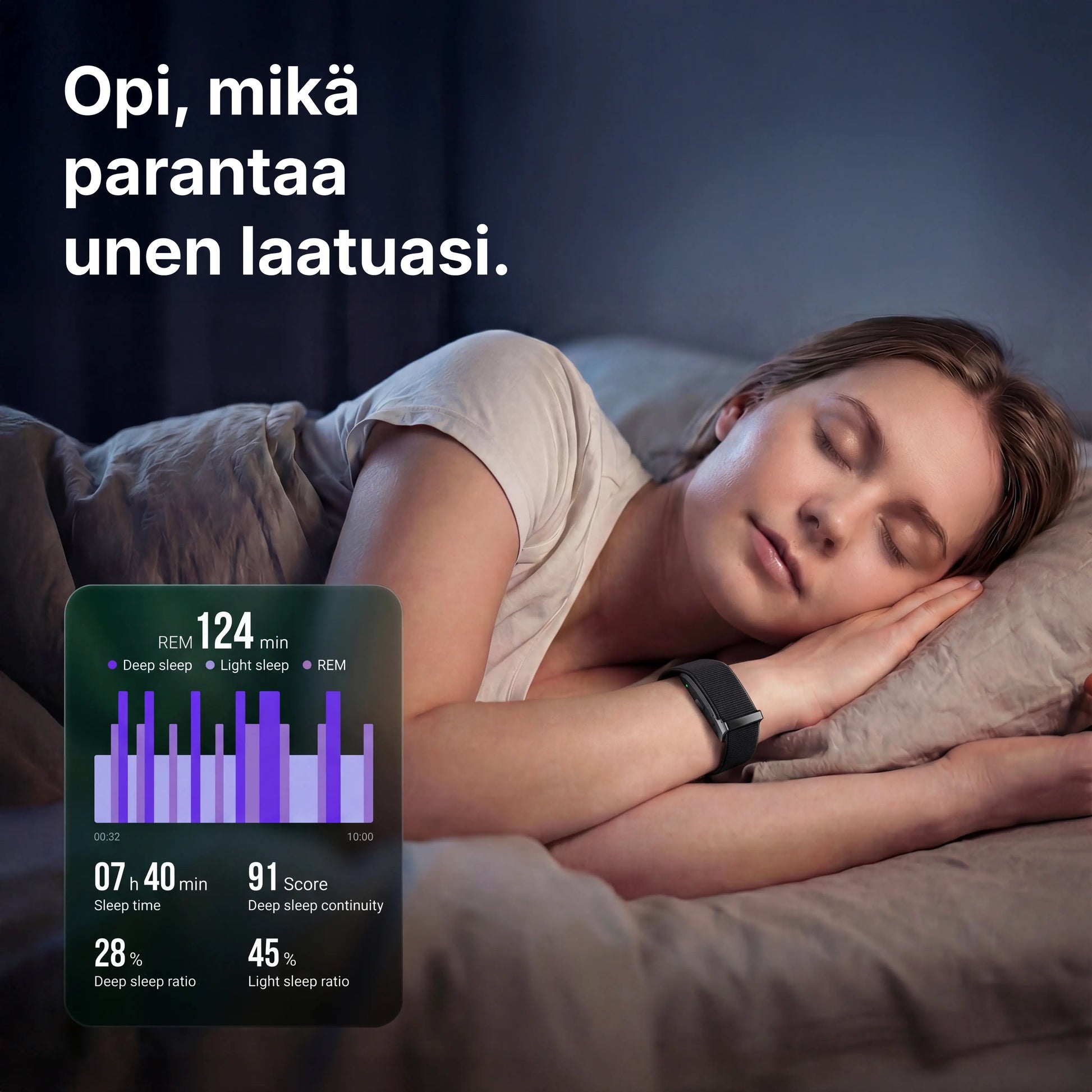 Nainen nukkumassa älykello ranteessa, näytöllä unenlaadun tiedot tummalla taustalla.