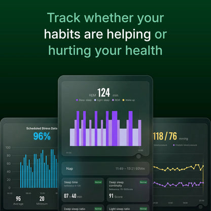 Health monitoring app interface with graphs and statistics showing REM sleep, stress, and blood pressure data.