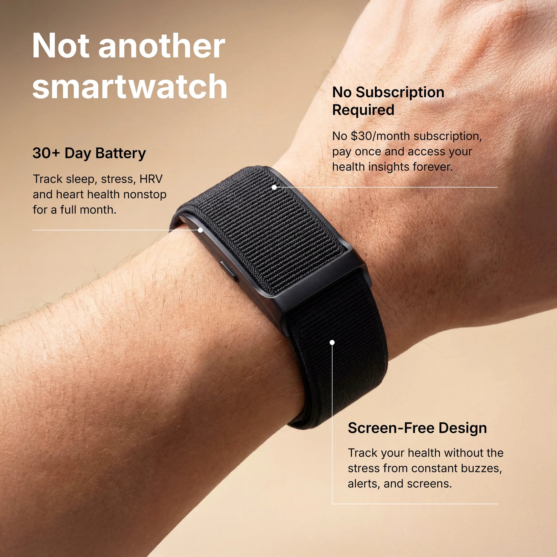 HLTH Band has over 30 days of battery life, no subscription, and is screen free by design.