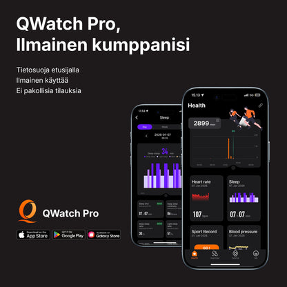 HLTH Bandin mukana saat ilmaisen pääsyn QWatch Pro -sovellukseen, joka on saatavilla kaikilla laitteilla.