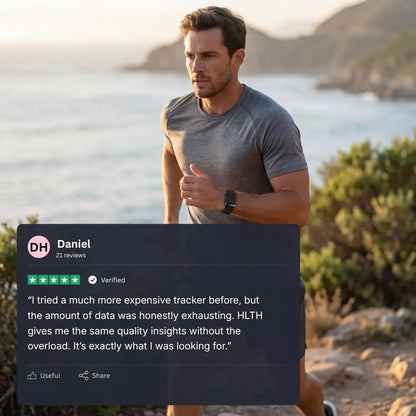 Man running outdoors with the band with customer review about how quality the insights are.