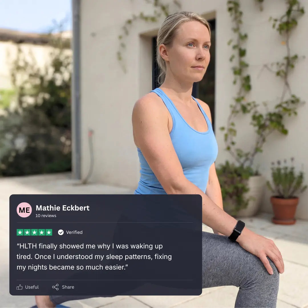 Middle age woman wearing band doing yoga, with customer testimonial about fixing her sleep.