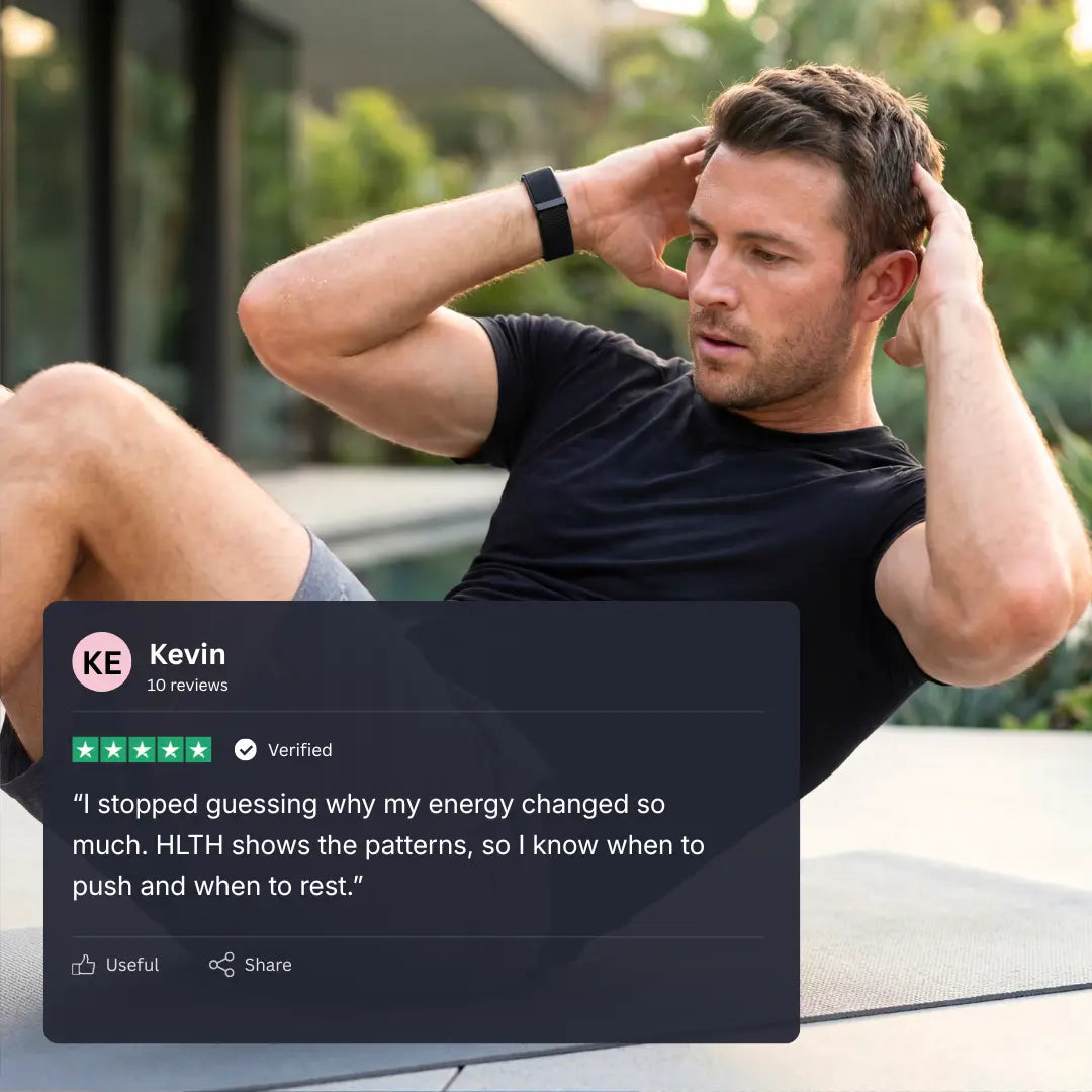 Man doing situps wearing band with customer overlay talking about increased energy.