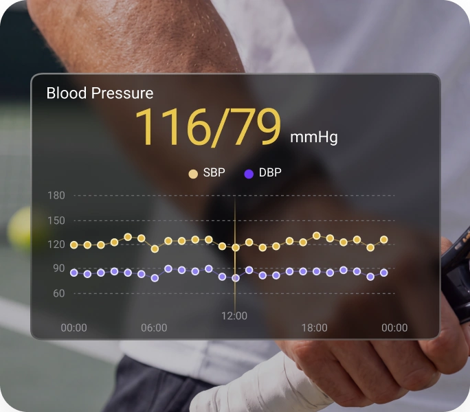 The HLTH app showing blood pressure trends across a day, with systolic and diastolic plotted separately