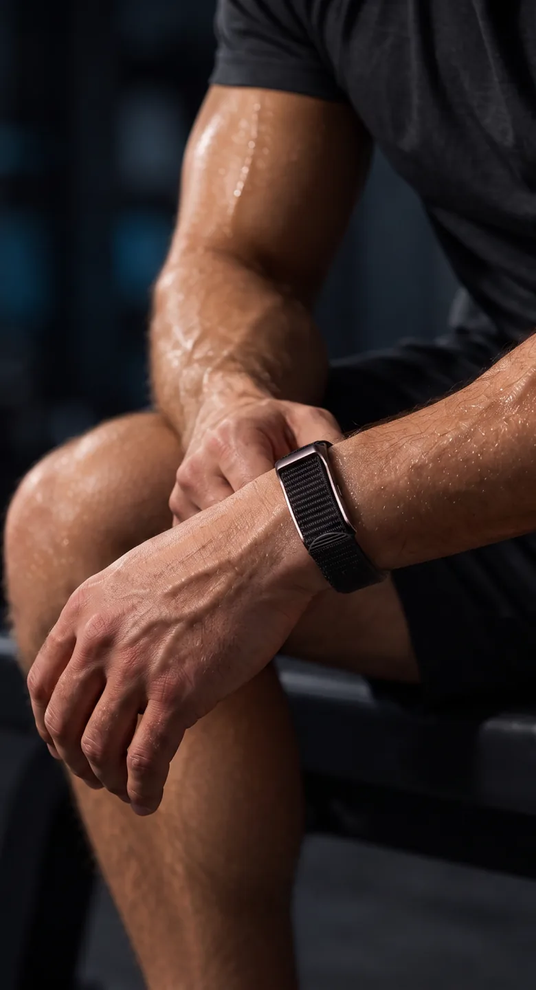 A man resting between sets in a gym, wearing the HLTH Band on his wrist