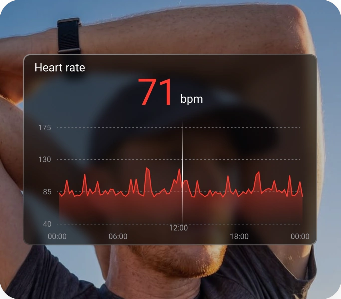 The HLTH app showing a heart rate of 71 bpm plotted continuously across a day