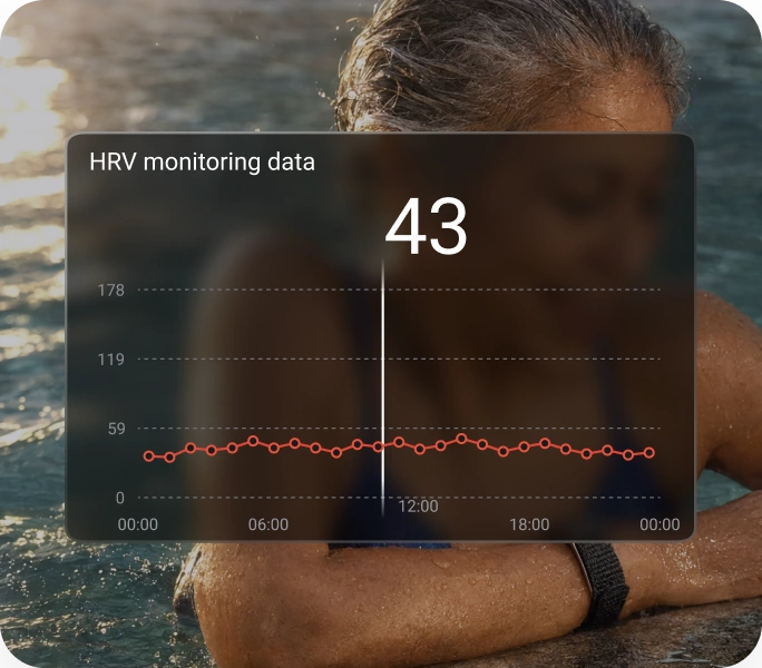 The HLTH app showing heart rate variability monitoring data at 43, plotted across a day