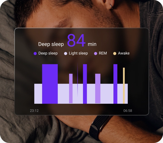 The HLTH app showing 84 minutes of deep sleep across a night, broken into deep, light, REM and awake stages