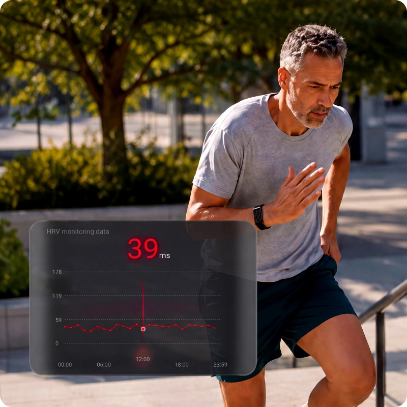 A man running outdoors wearing the HLTH Band, with his HRV reading on screen