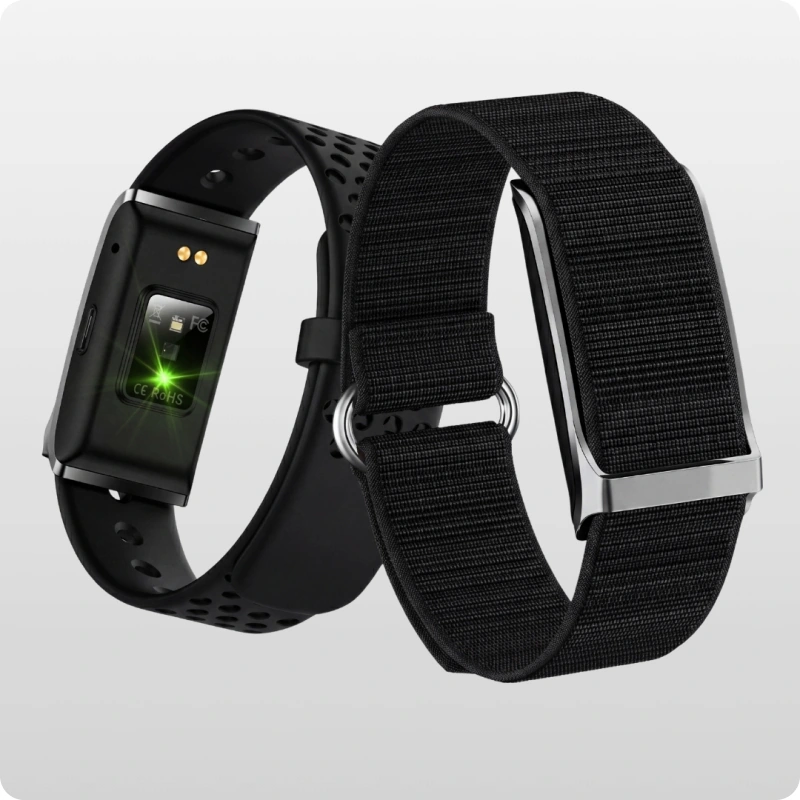 Two HLTH Bands side by side, one on a sport strap and one on a woven strap