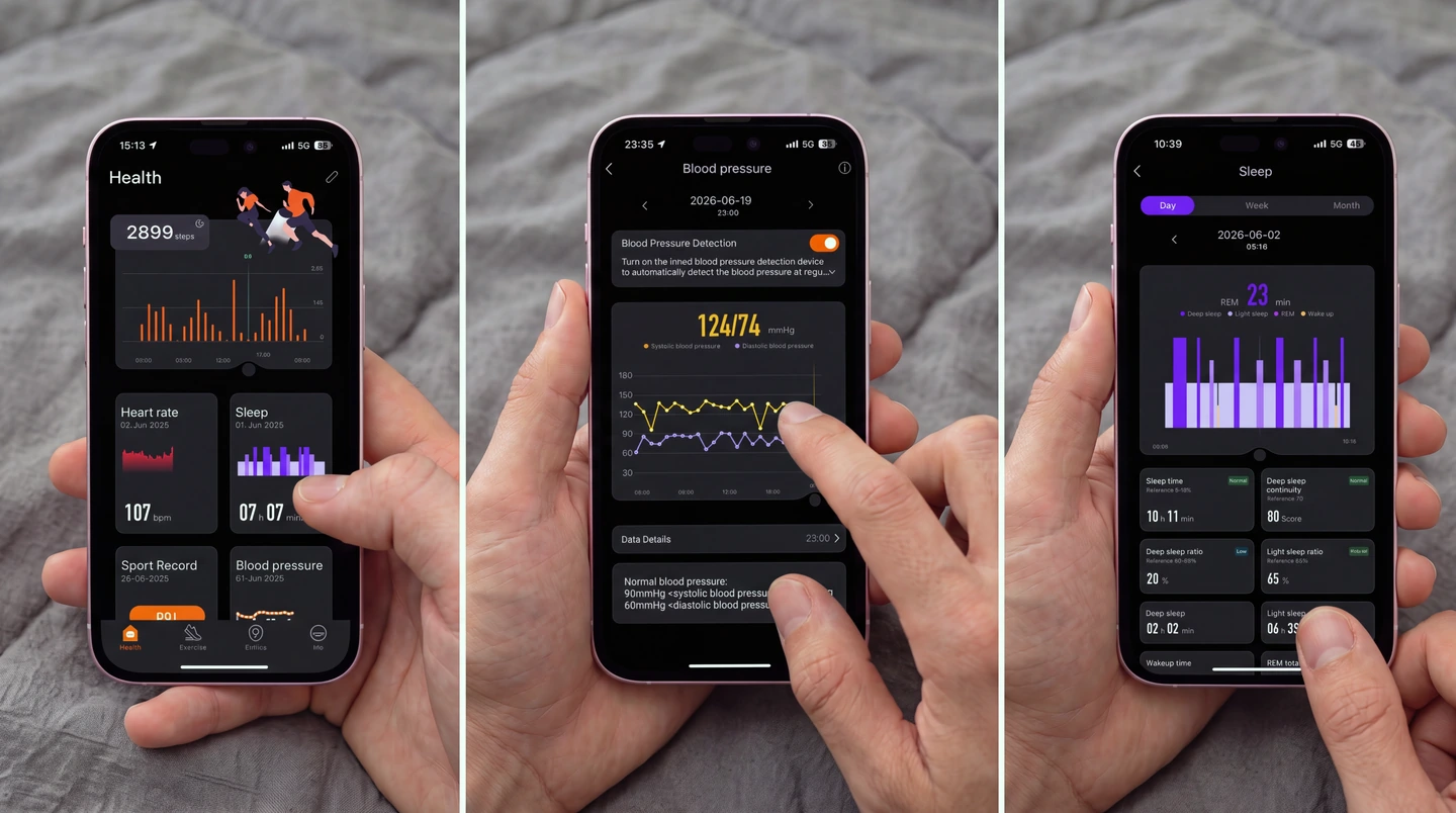 Three phone screens from the HLTH app, showing the daily dashboard, a blood-pressure trace and a night of sleep stages