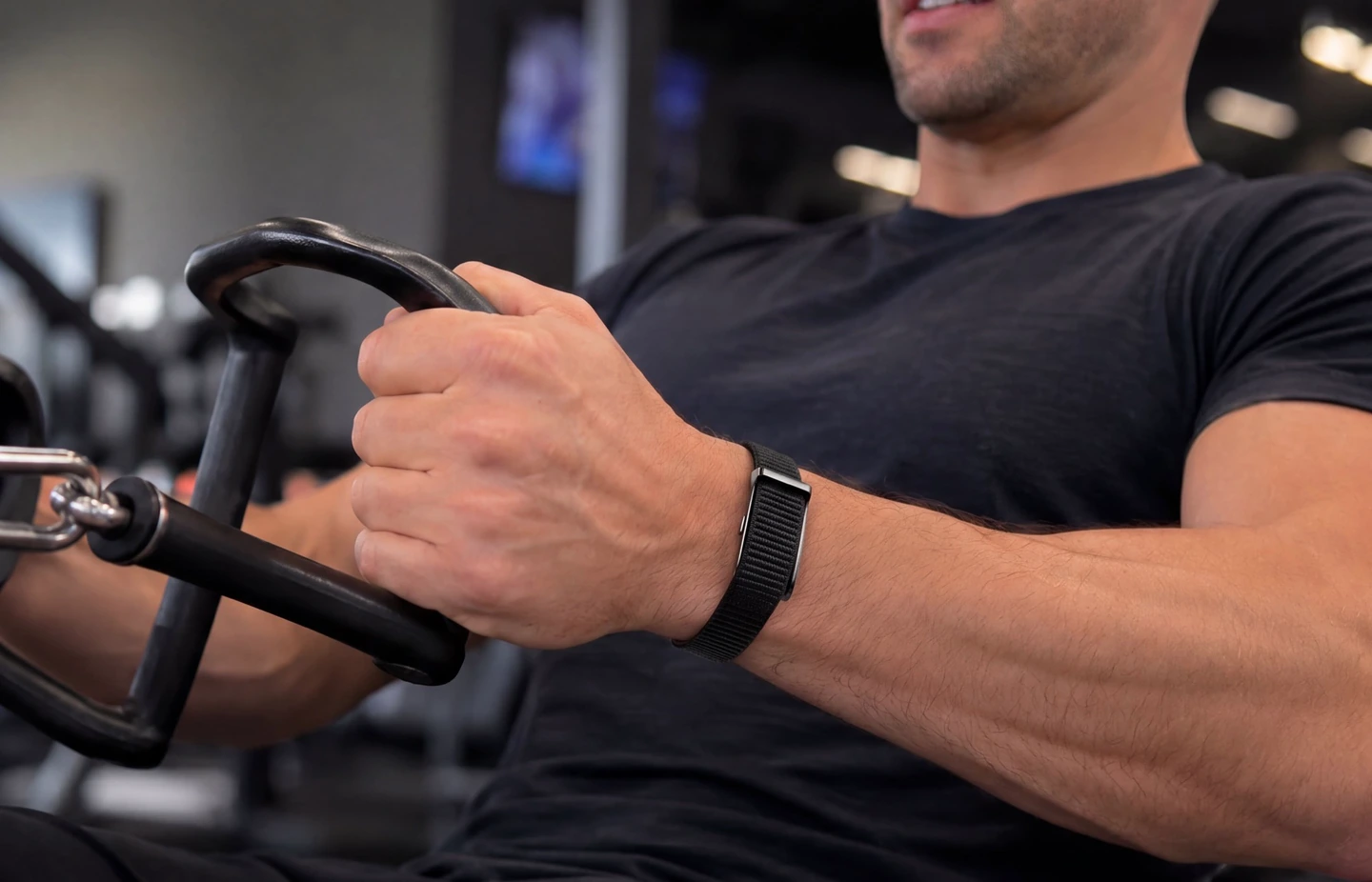 A man pulling the handle of a seated cable machine in a gym, the HLTH Band on his wrist