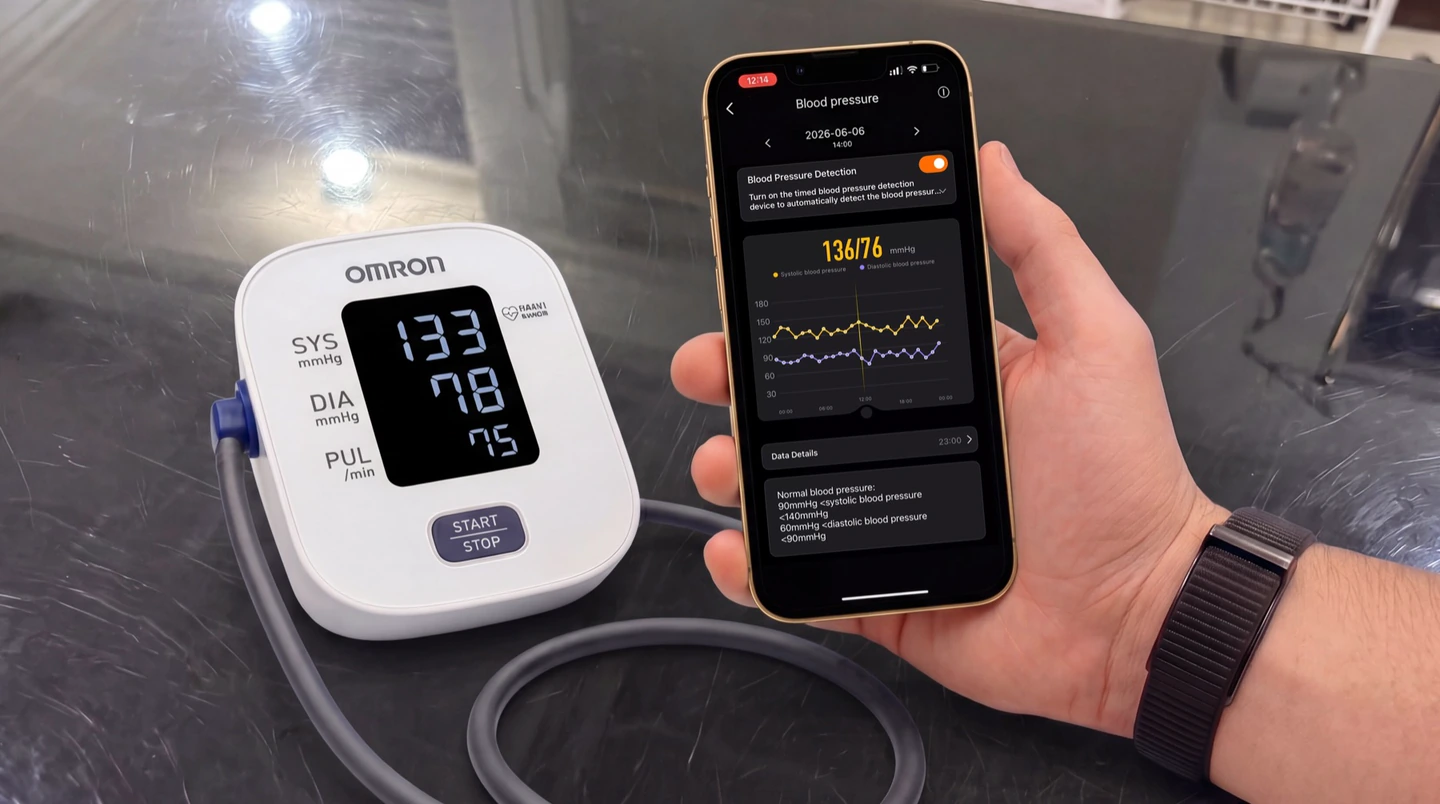 An upper-arm blood-pressure monitor on a worktop beside a phone showing the HLTH app's blood-pressure screen