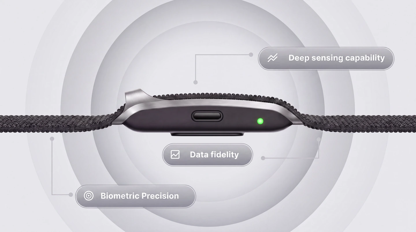 A side-profile render of the HLTH Band, labelled deep sensing capability, data fidelity and biometric precision