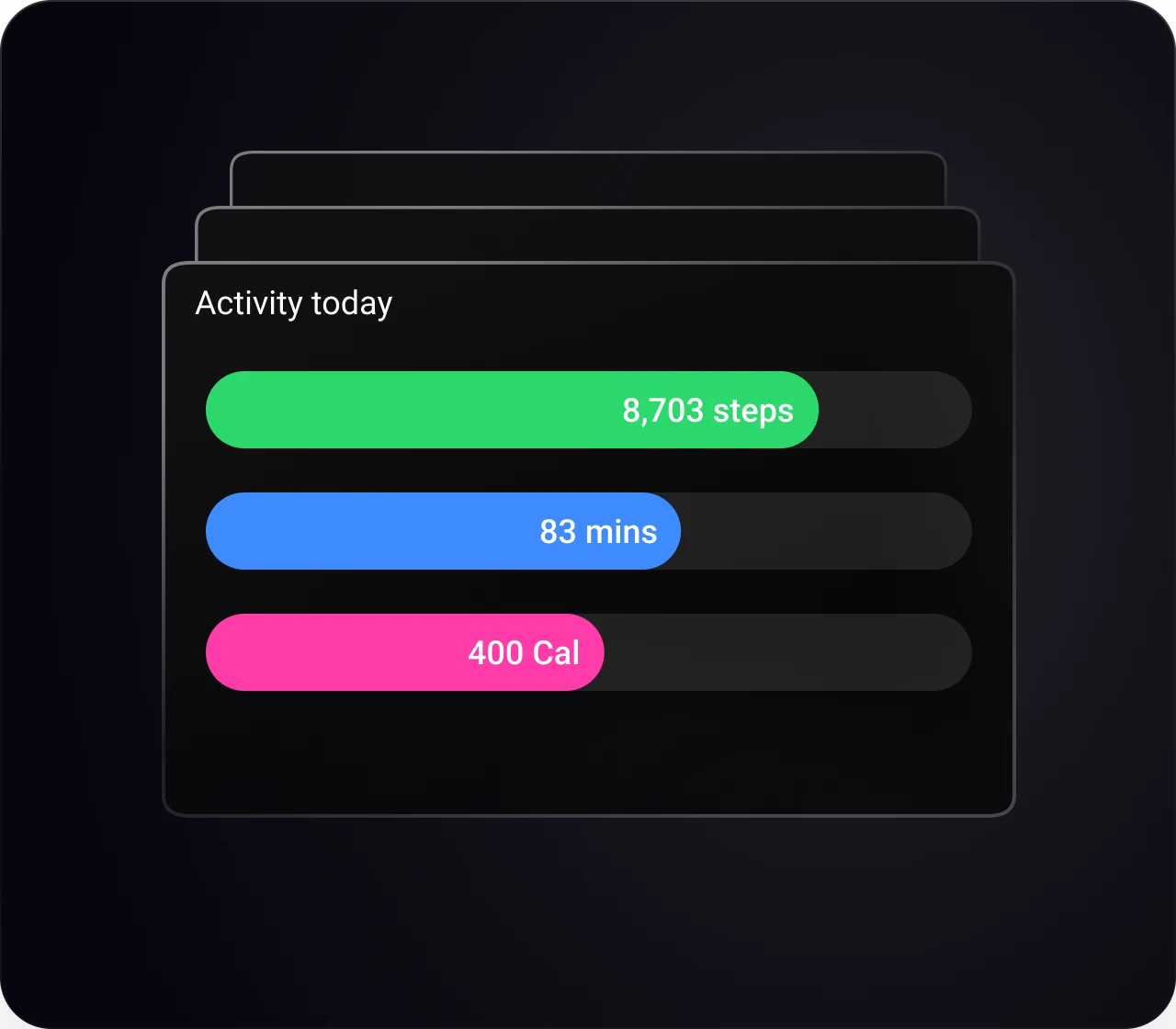 The app showing progress against daily goals for steps, active minutes and calories.