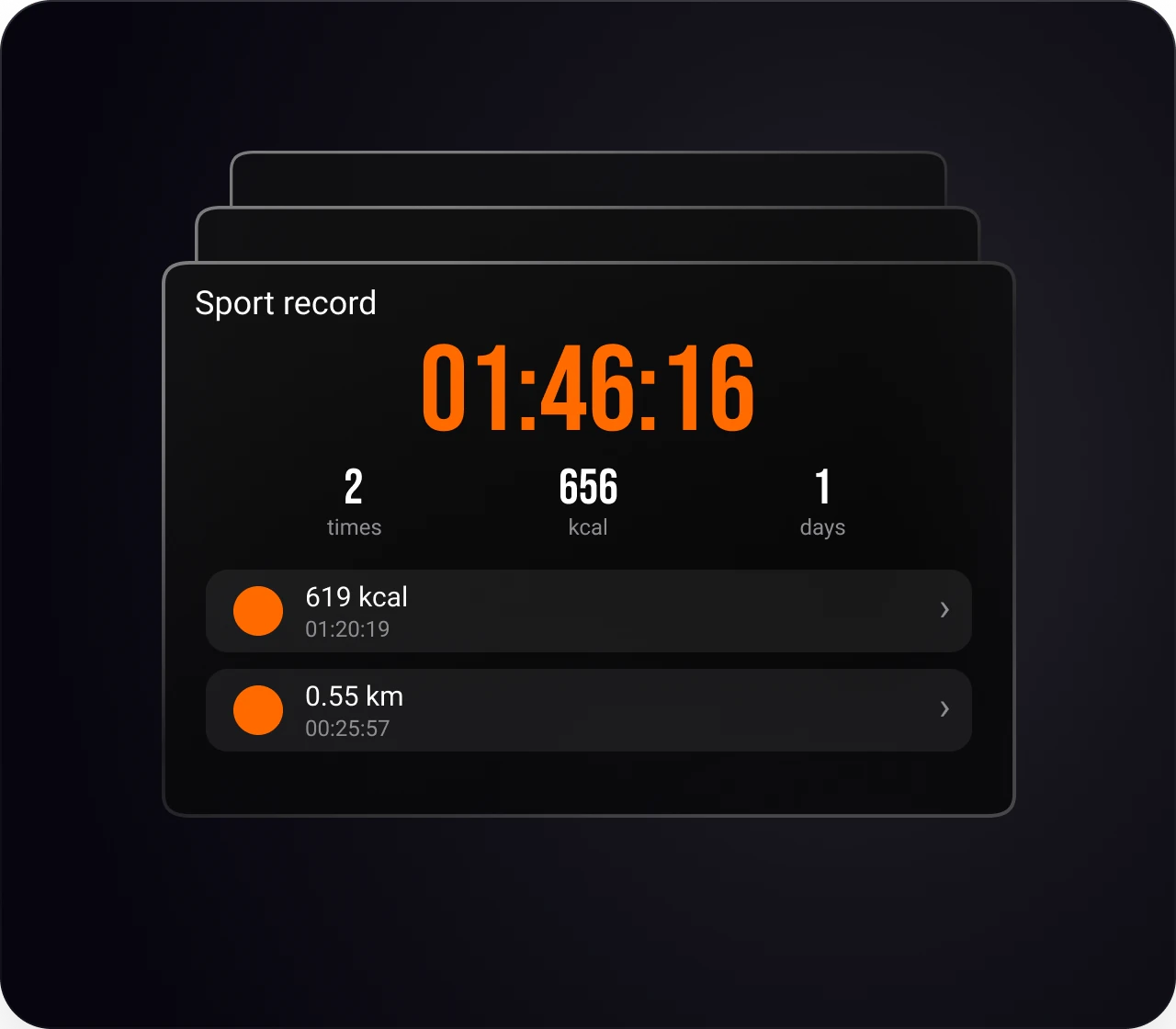 The app listing logged sport sessions with their time, distance and calories.