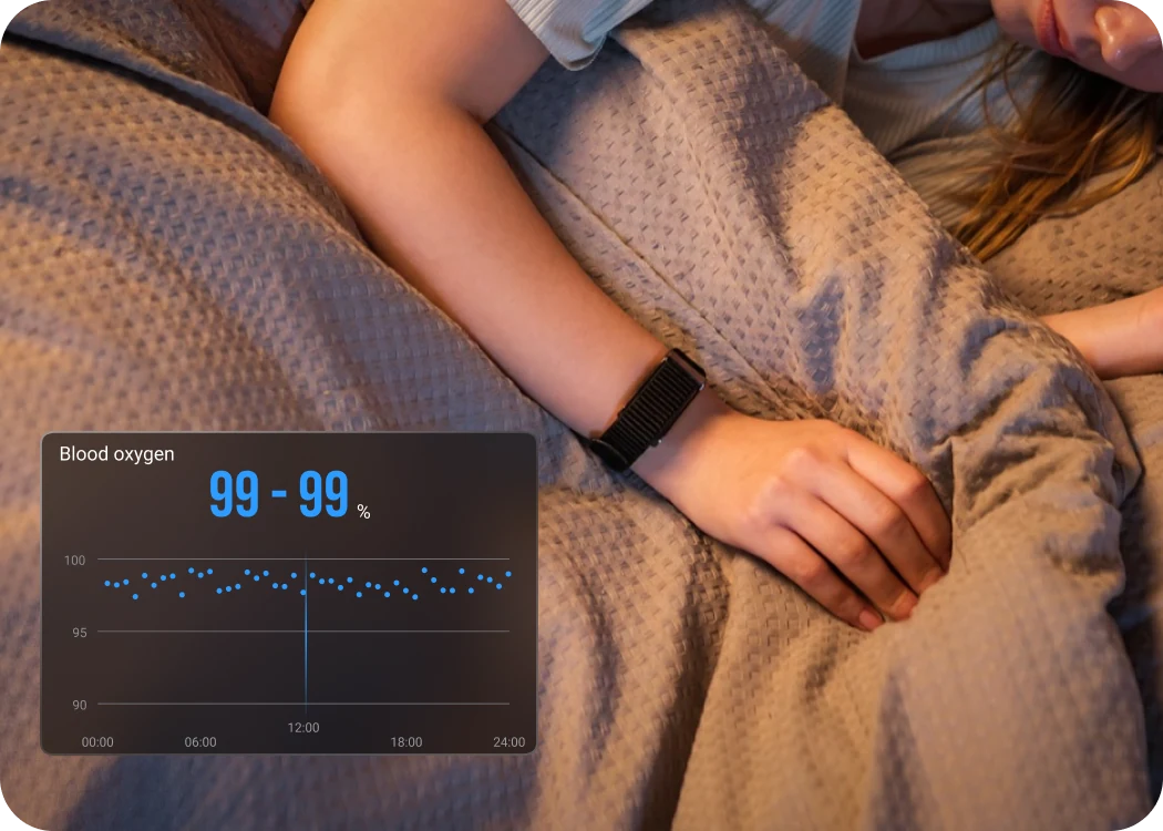 A hand resting on a bed at night, wearing the HLTH Band