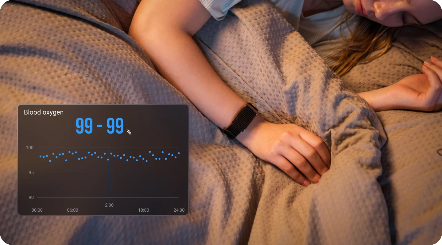 A hand resting on a bed at night, wearing the HLTH Band