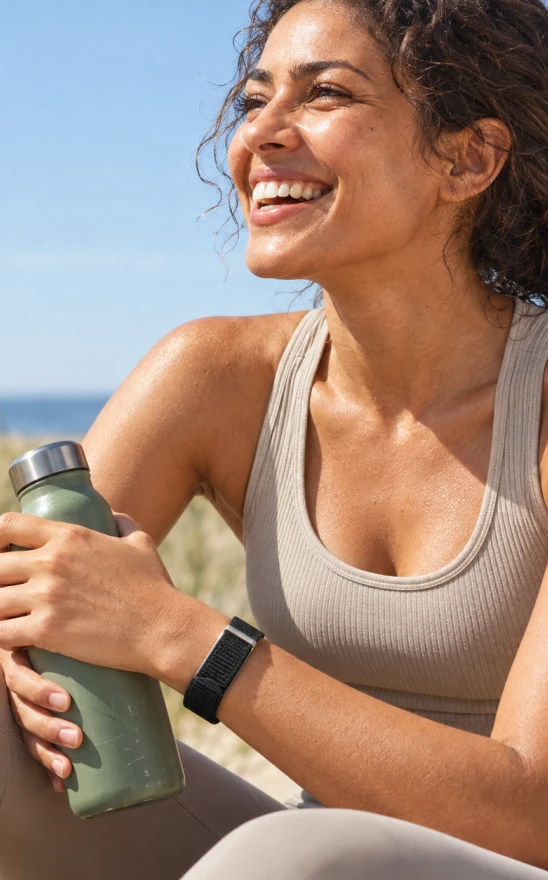 Jessica outdoors with a water bottle after exercising, wearing the HLTH Band