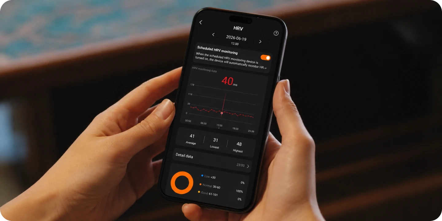 Someone holding a phone showing the HLTH app's HRV screen