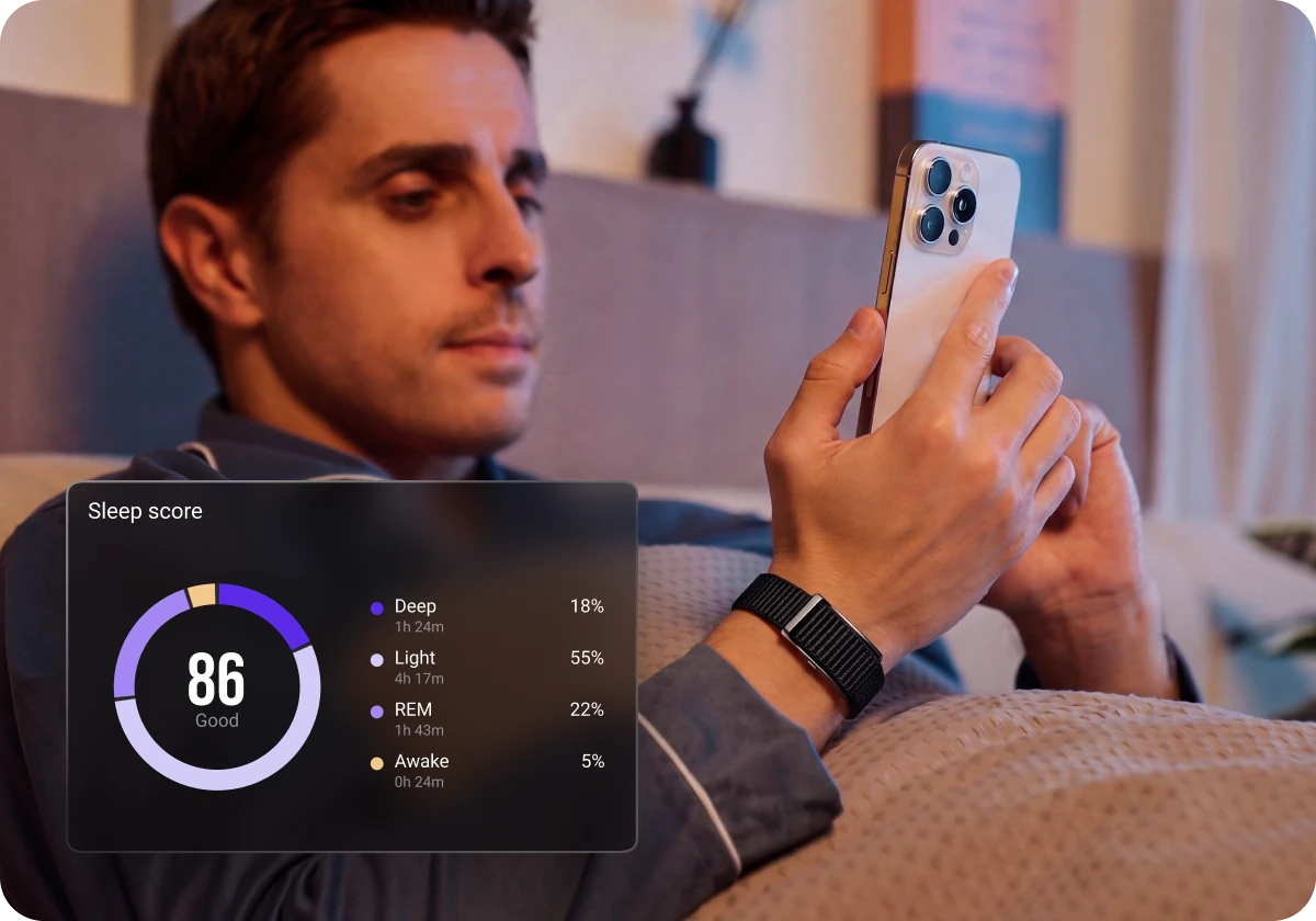The HLTH Band worn overnight, with the app's sleep score of 86 shown alongside