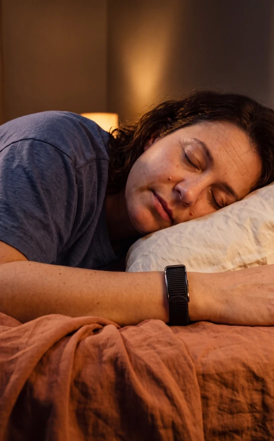Sarah asleep, wearing the HLTH Band