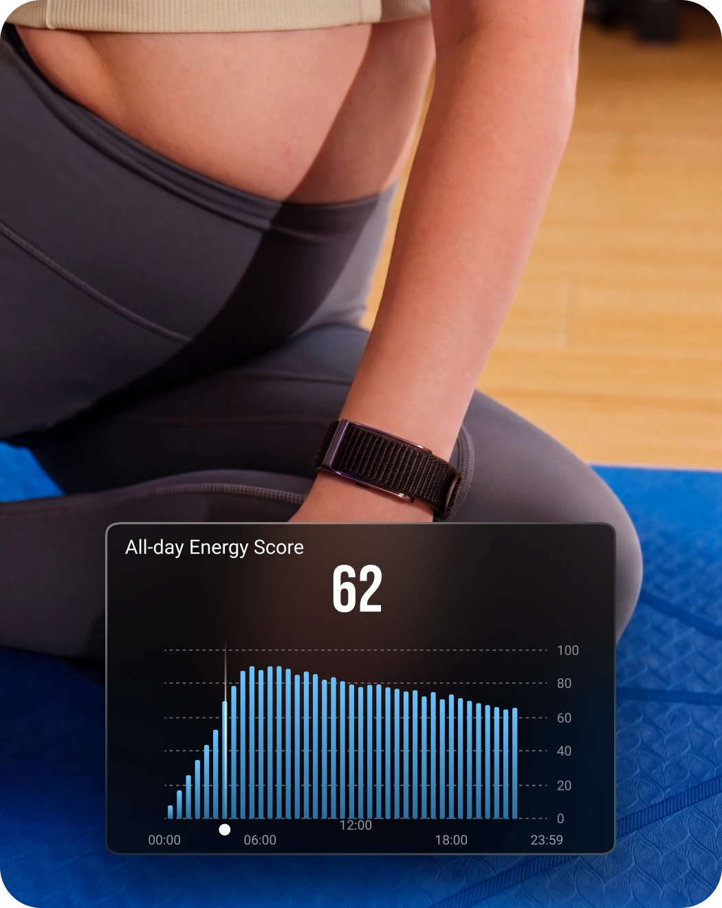 An evening on the sofa wearing the HLTH Band, with the app’s all-day Energy Score of 62 shown alongside