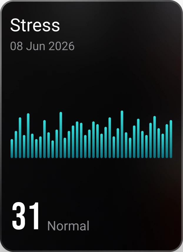 The HLTH app's stress tile, showing a reading of 31 in the normal band