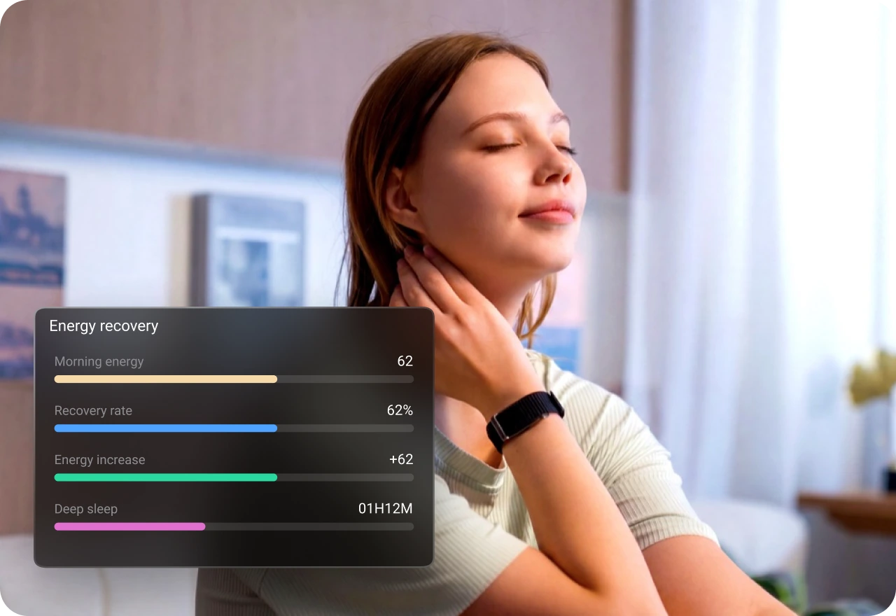 A calm moment at home, with the app’s energy recovery card showing a 62% recovery rate after 1h 12m of deep sleep